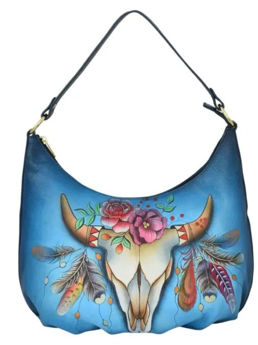 Anuschka Handpainted blue ombre Boho Spirit Skull Hobo Bag - Picture 3 of 7